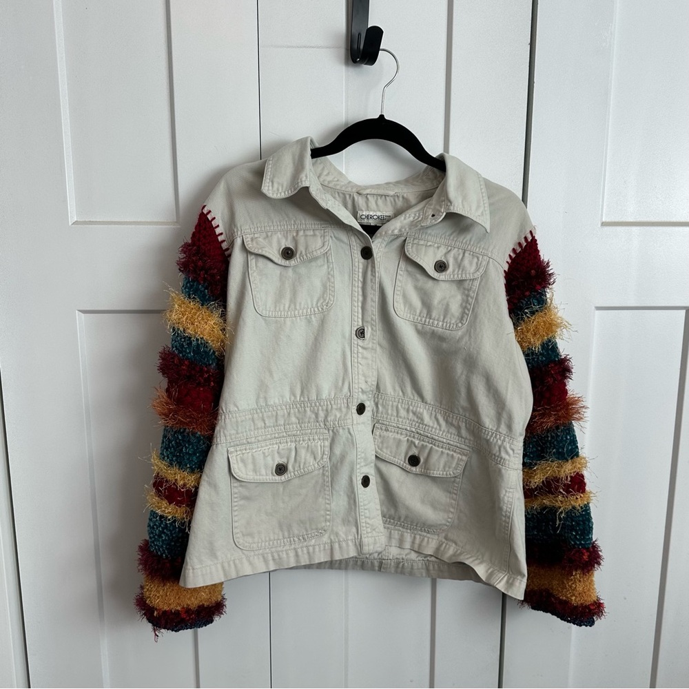 Unique Crocheted Colorful Sleeve Jean Jacket one of a kind